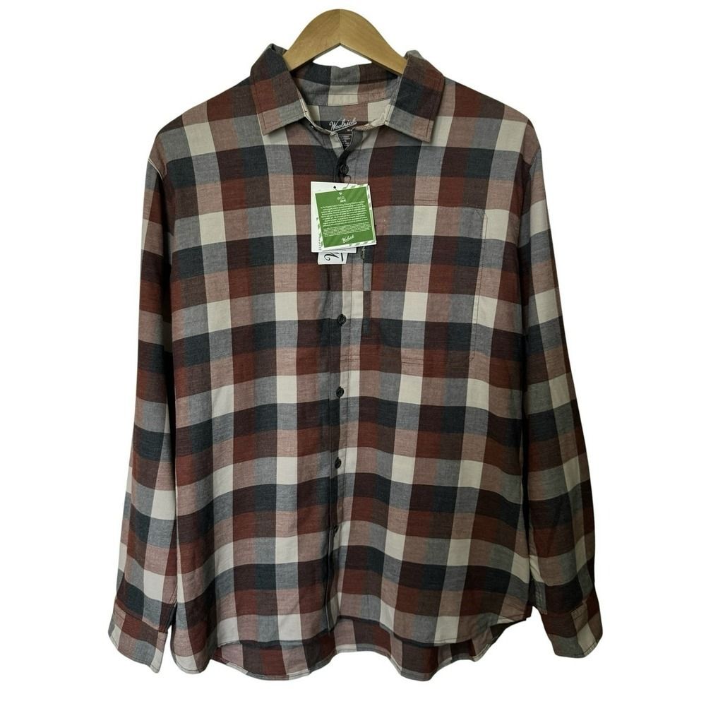 Woolrich Mens XL Eco Plaid Button Up Shirt Roll Tab Sleeve Maroon Navy